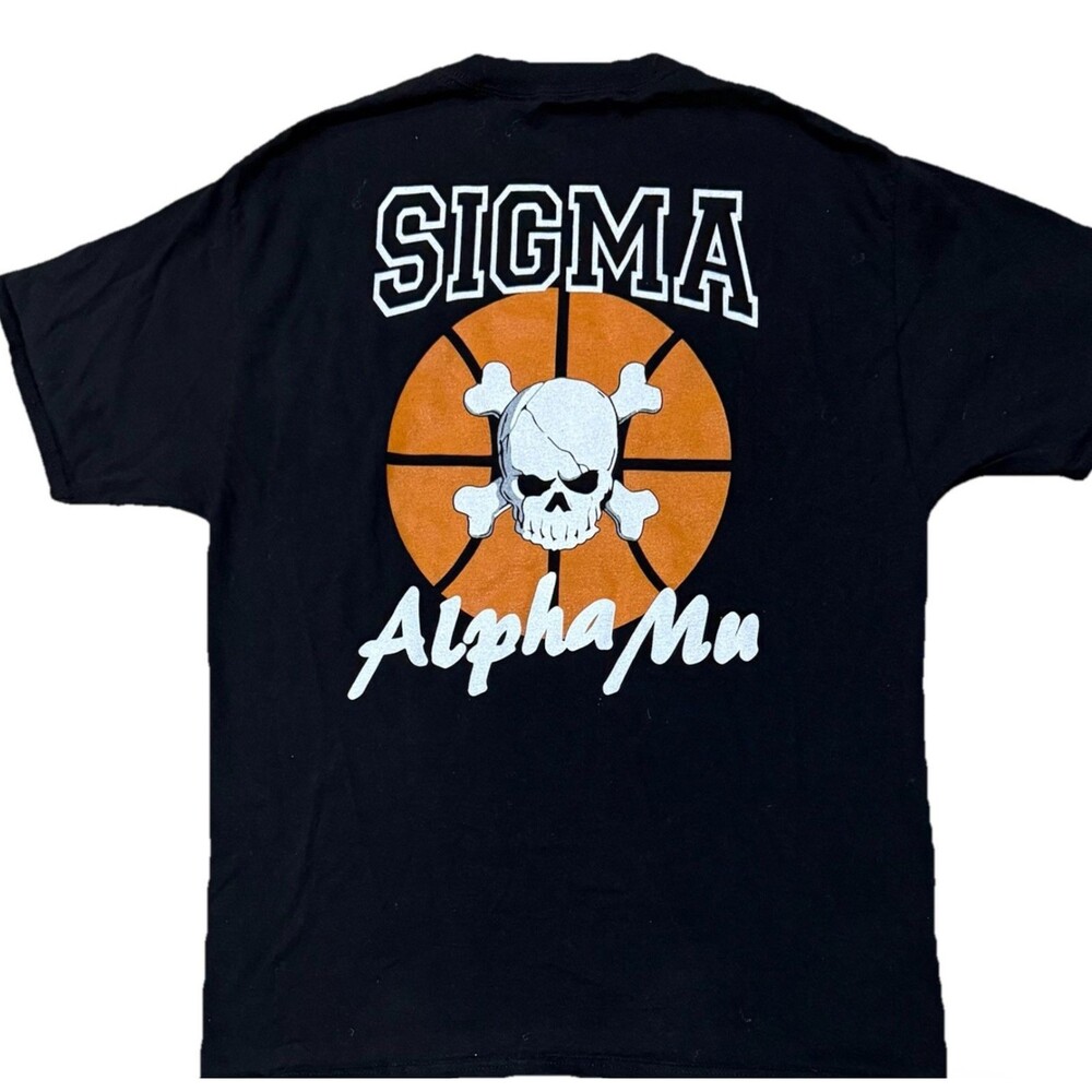 Sigma Alpha Mu Mens L Black Skull Basketball Graphic T Shirt Fraternity College